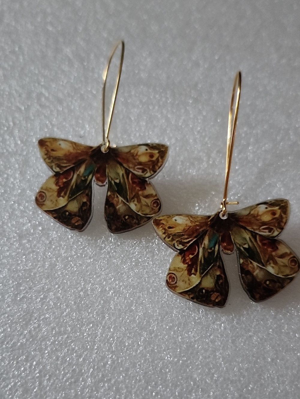 Hand Crafted Gold Floral Fanned Butterfly Drop Earrings with Earthy Accents